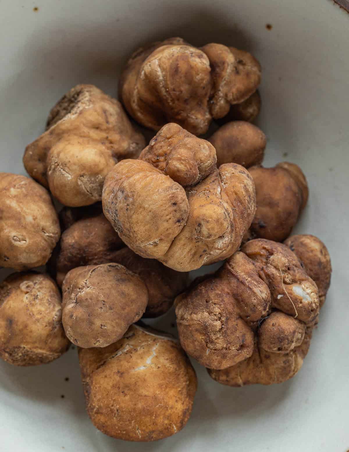 A top down view of many fresh pecan truffles (Tuber lyonii) from North Carolina in a bowl. 