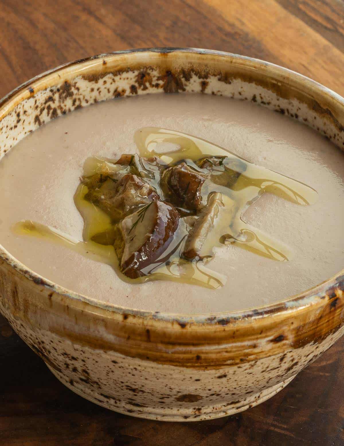 A bowl of Italian chestnut and mushroom soup made with porcini. 