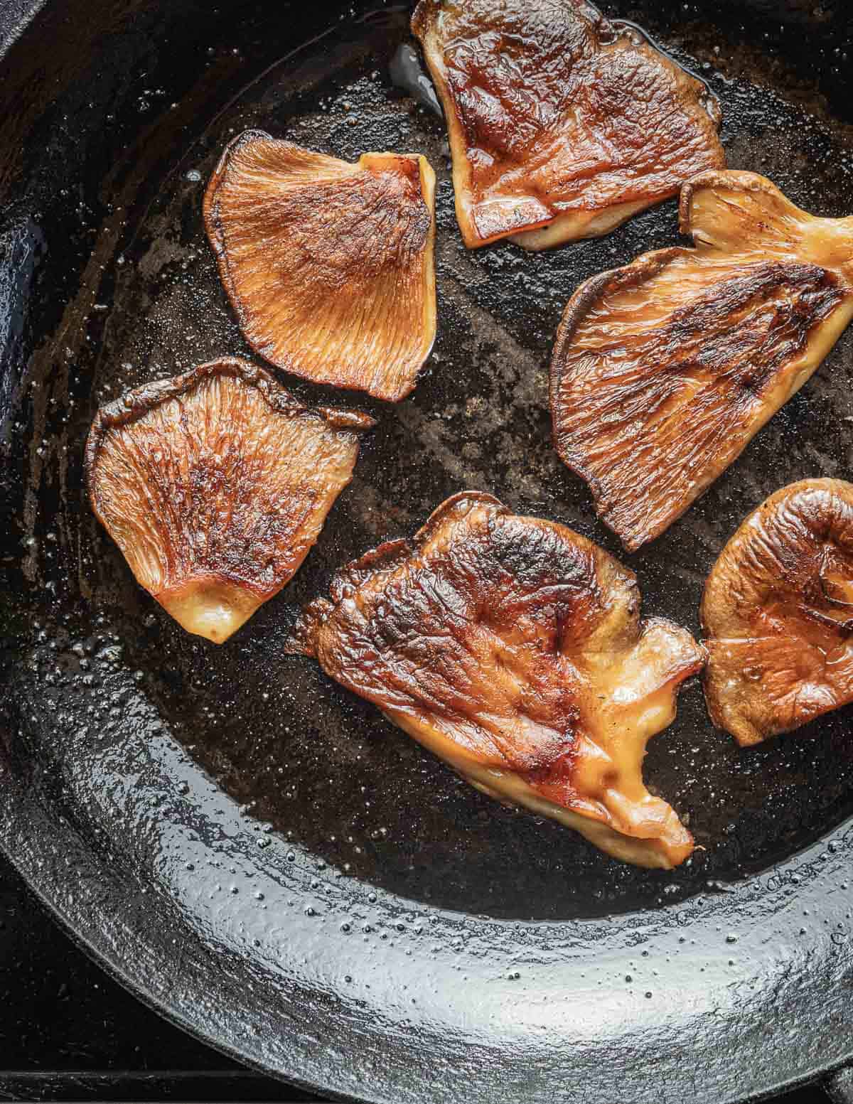 Fall oyster mushroom recipe: slow sauteed oysterling mushrooms in a kehoe carbon steel pan.