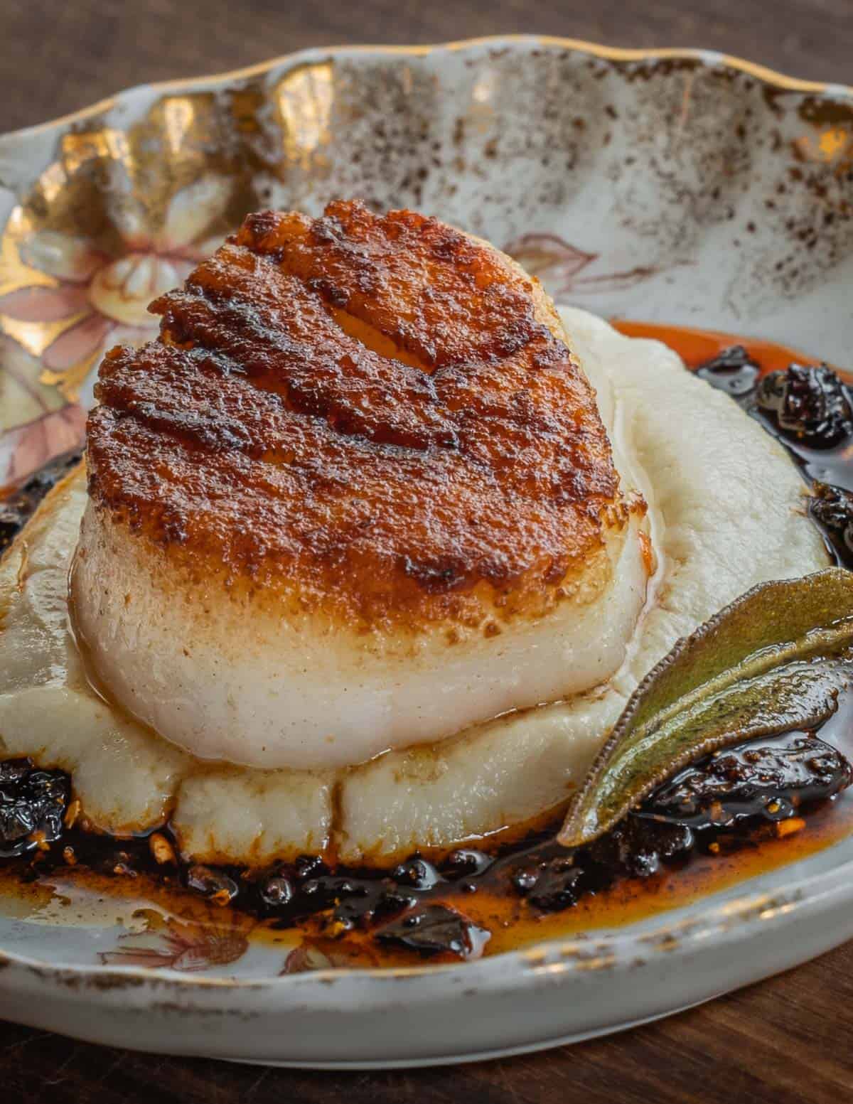 A seared sea scallop on a china plate on top of sunchoke puree and chili crisp. 