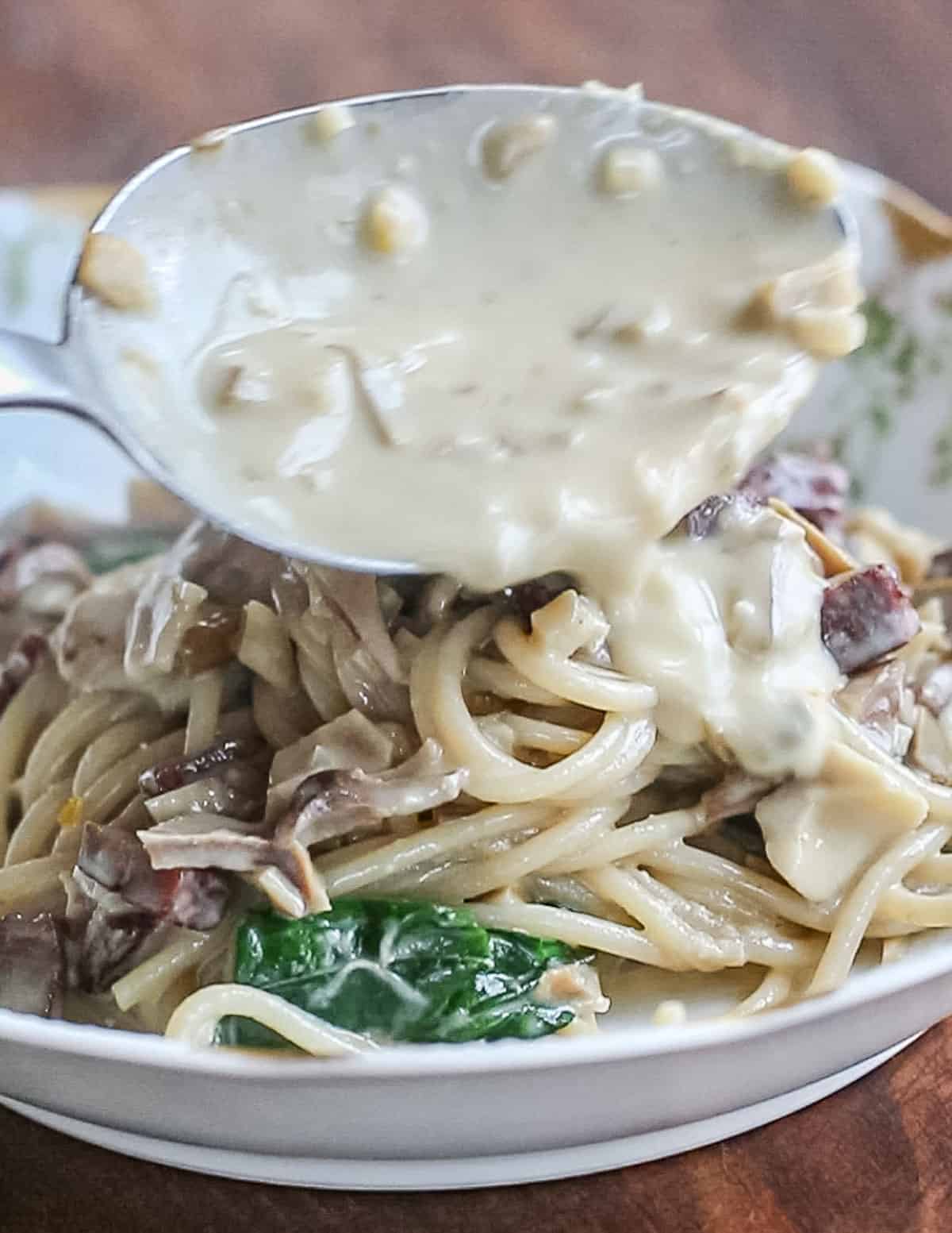 Spooning creamy mushroom sauce over a finished bowl of pasta. 