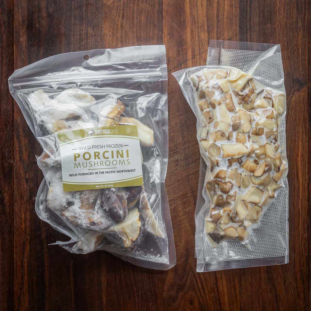 Frozen commercially sold whole, raw porcini mushrooms in a bag next to cooked porcini mushrooms in butter frozen in a vacuum sealed bag.