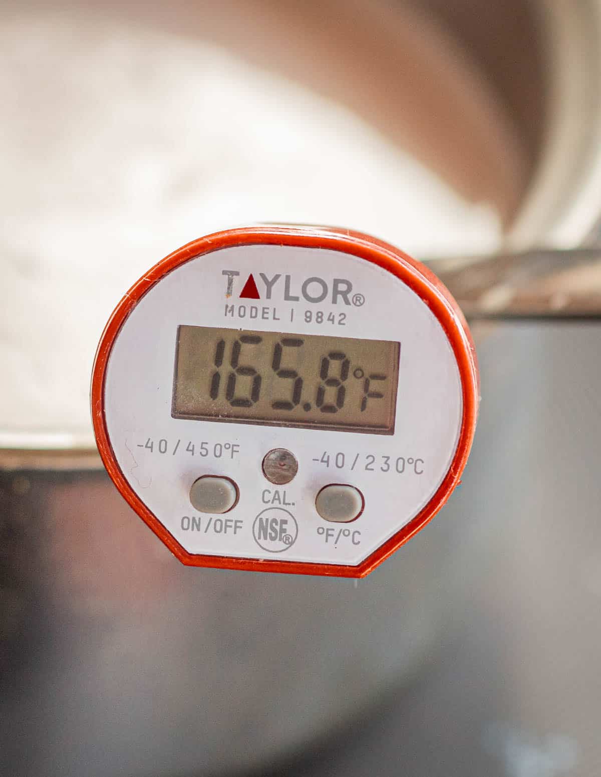 A thermometer in a pot of fresh nut milk showing 165 degrees. 