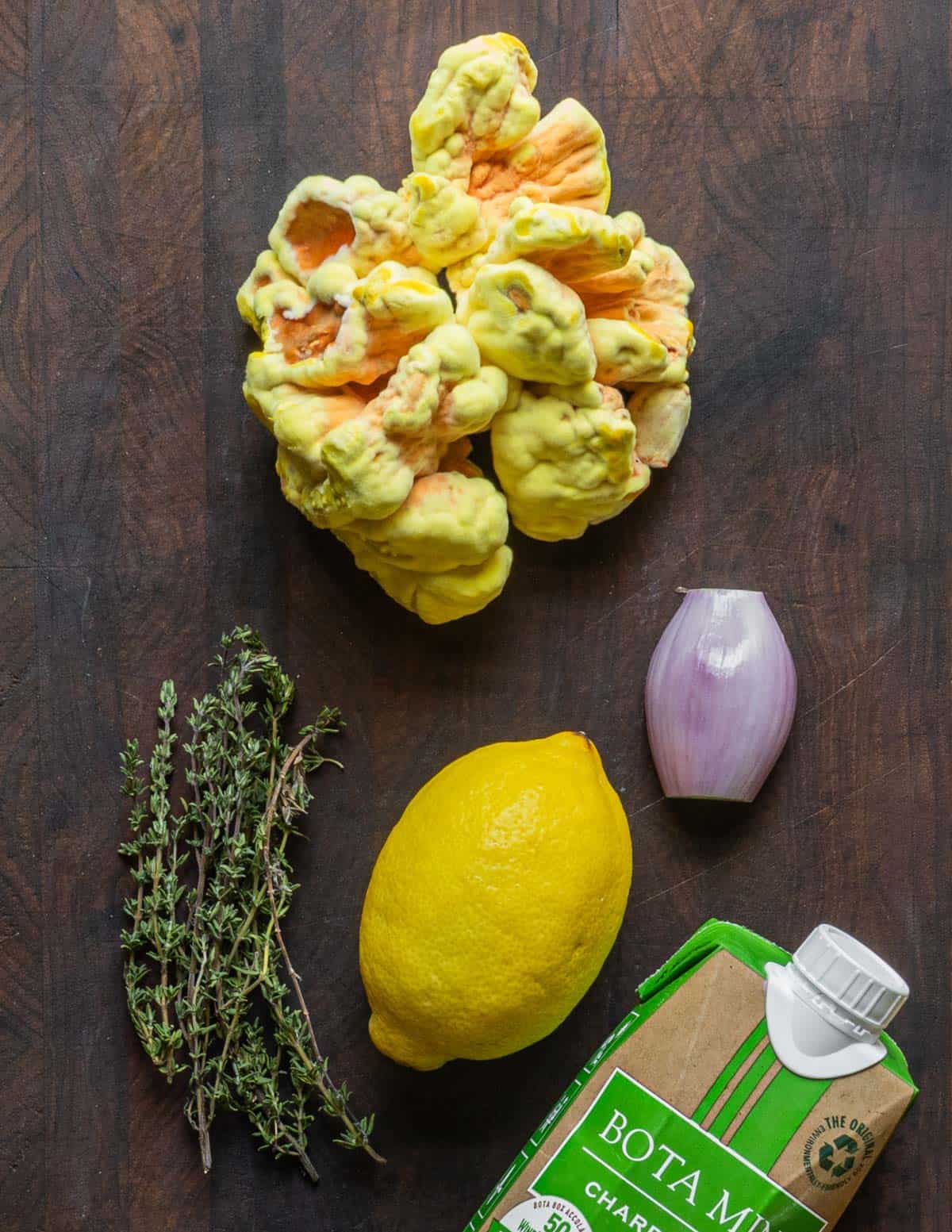 Ingredients for chicken of the woods pasta. 