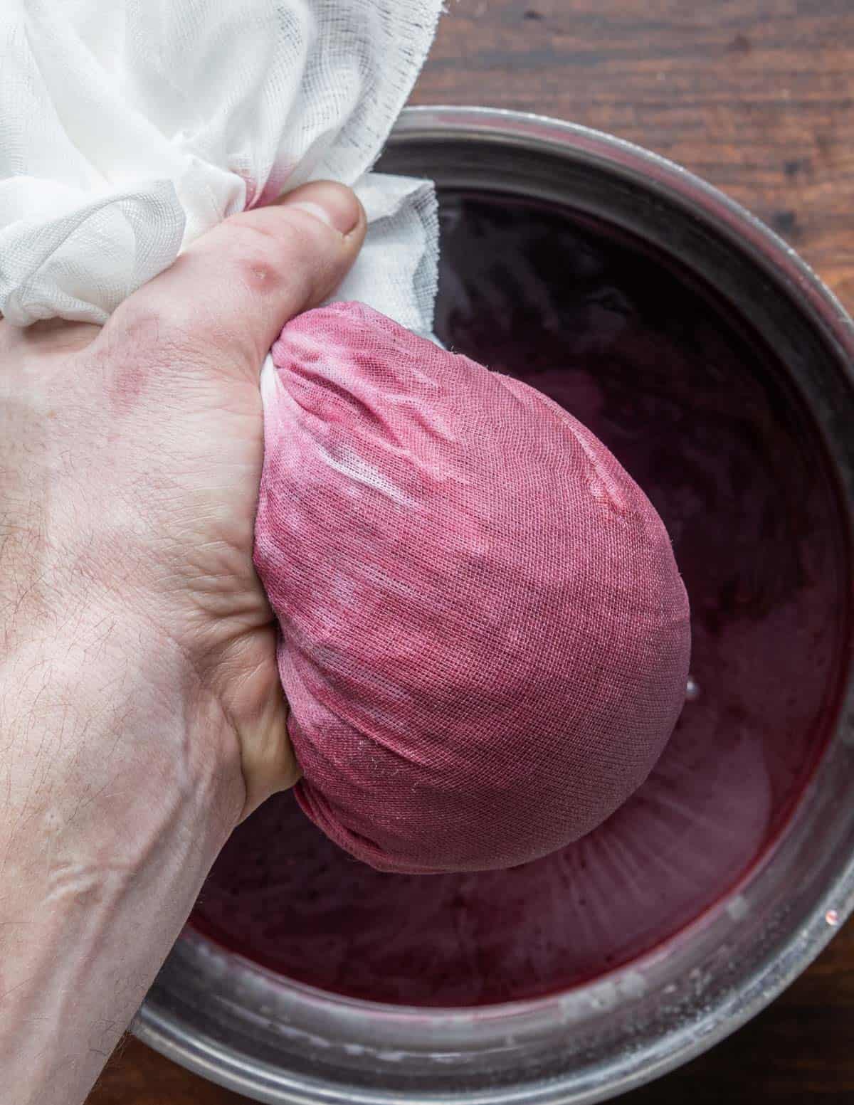 Squeezing chokecherry juice from cooked cherries in cheesecloth. 