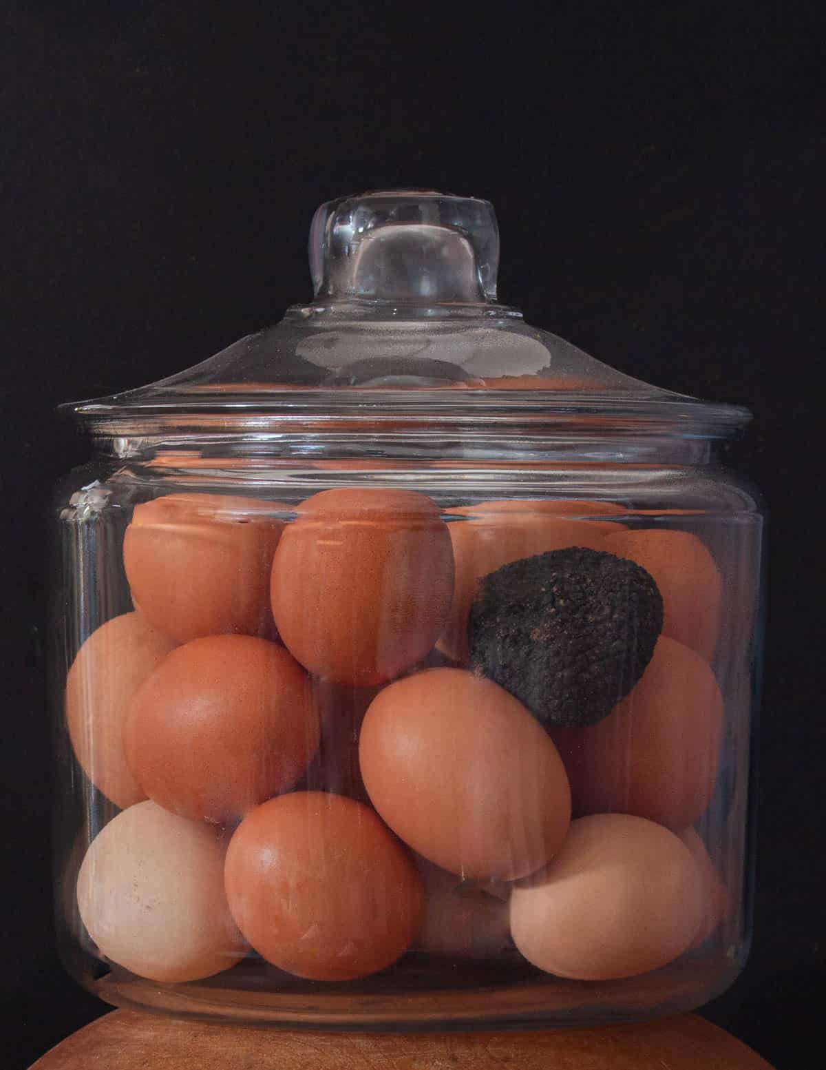 A jar filled with eggs stored with fresh black, truffles (Tuber melanosporum). 