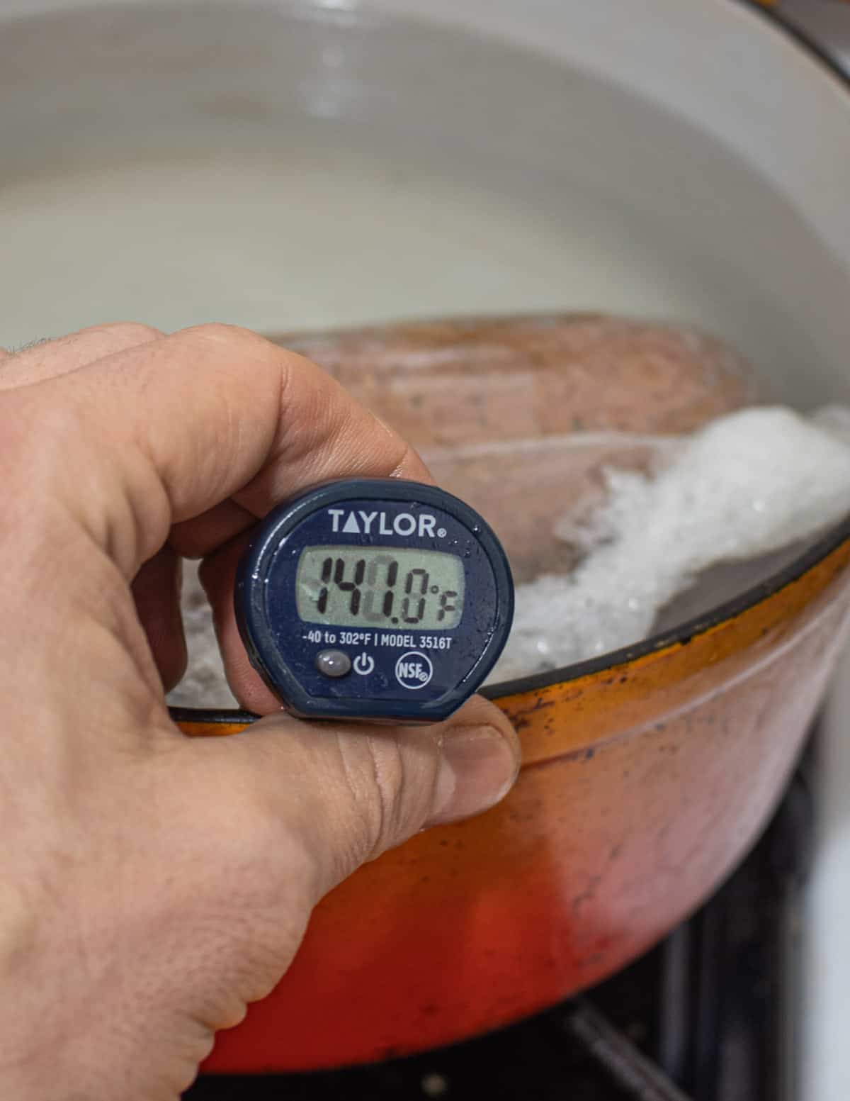 Testing the temperature of cooking braunshweiger using a digital thermometer. 