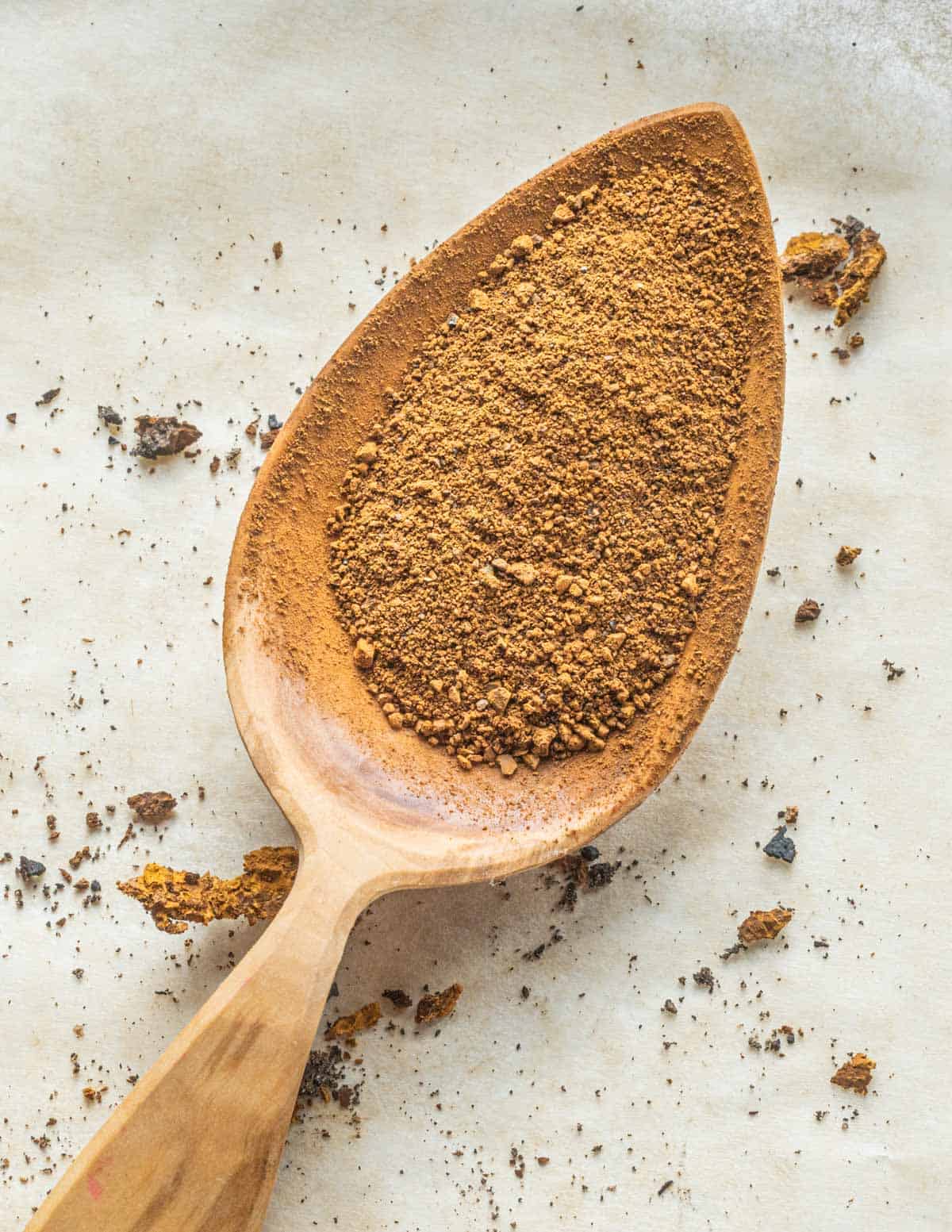 A spoon made from apple wood filled with ground chaga mushroom powder.