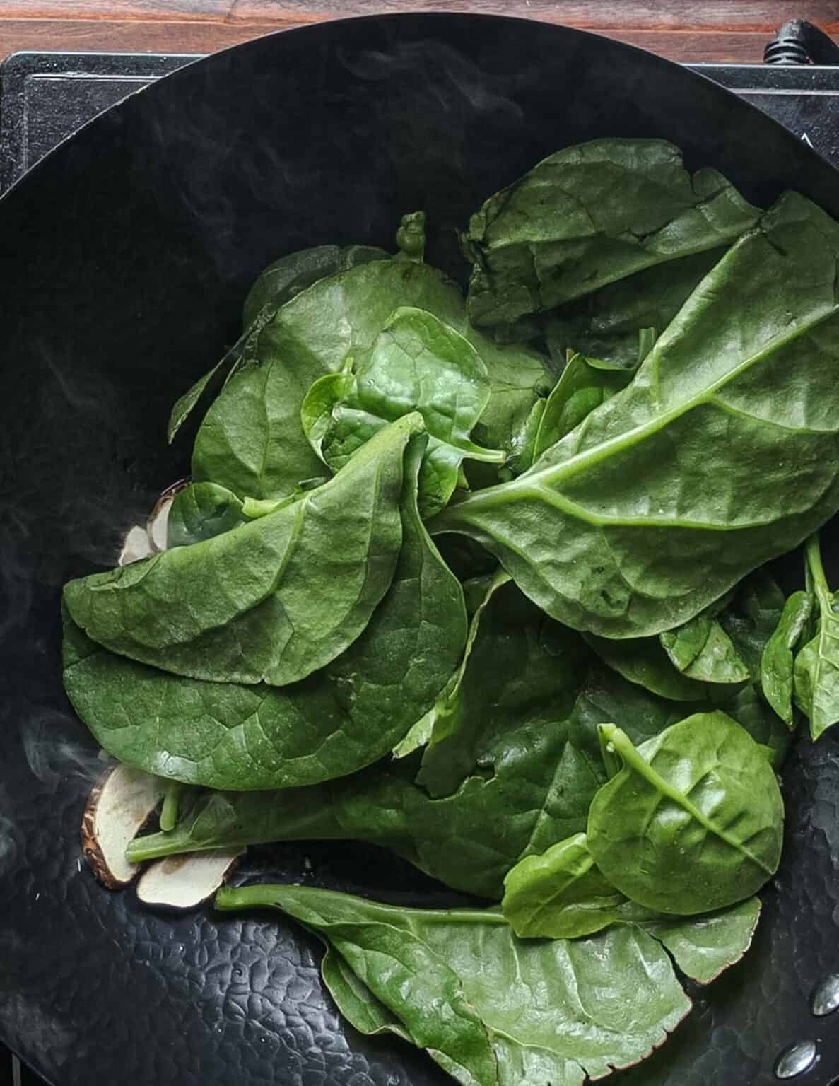 Mong Toi Stir Fry with Mushrooms (Malabar Spinach Recipe)