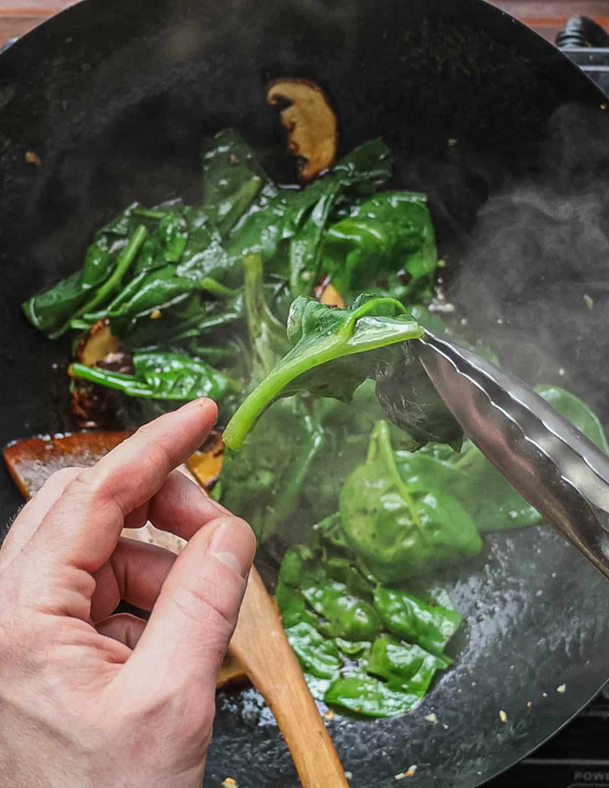 A hand bending a malabar spinach stem to make sure it's tender. 