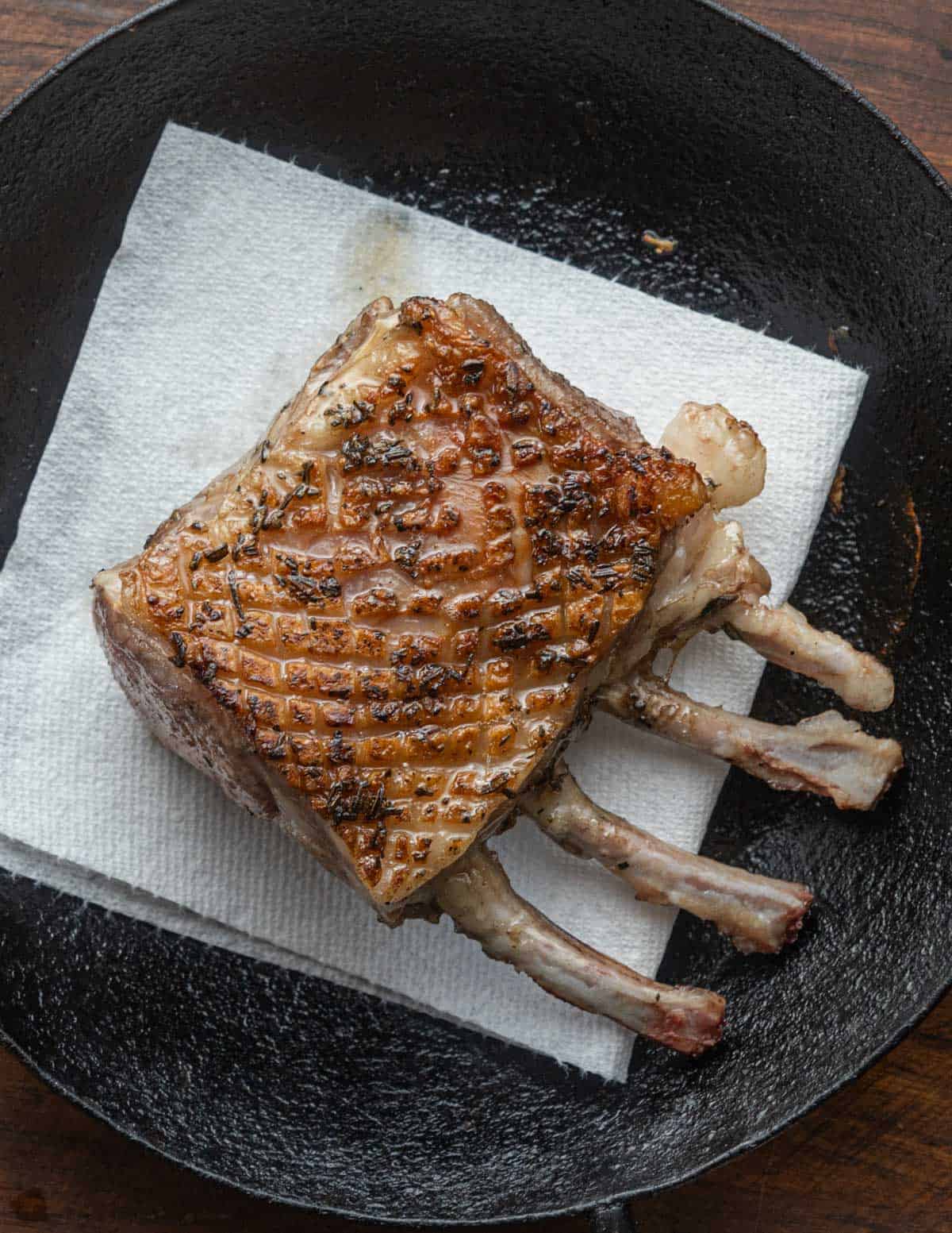 A browned rack of lamb resting on a paper towel on a pan. 