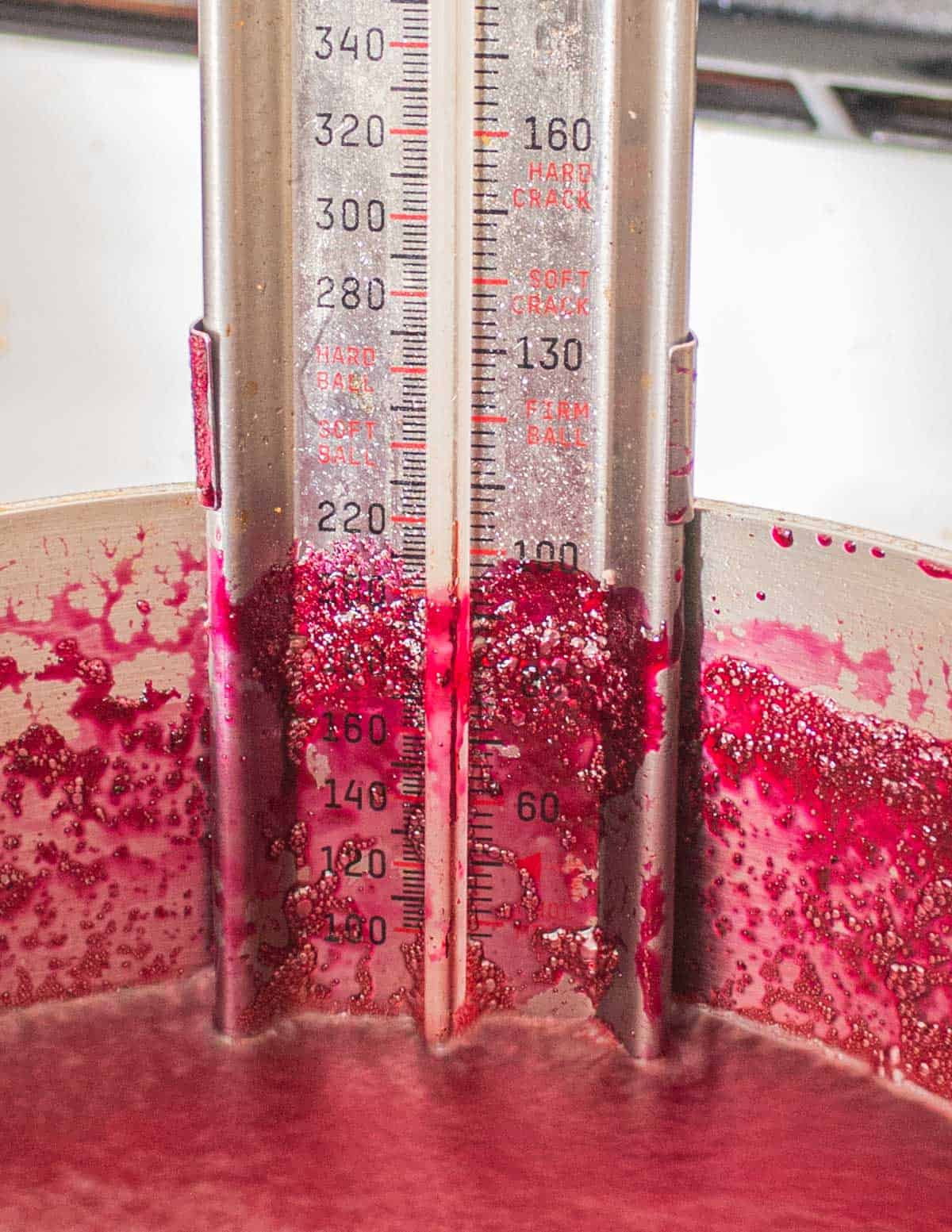 A candy thermometer showing 120 degrees F in a pot of grape jelly. 