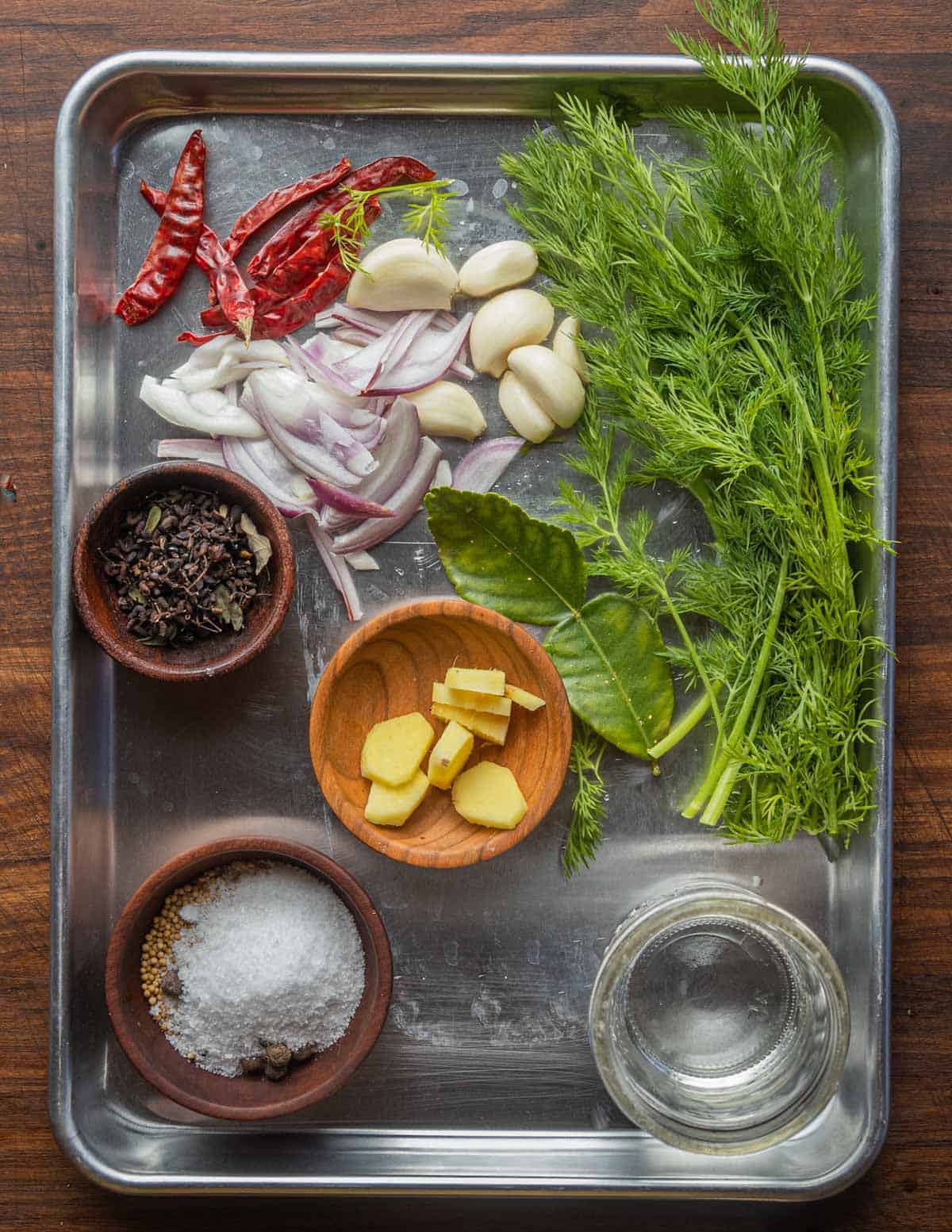 Yamagobo ingredients: garlic, ginger, tumeric, shallot, chilis, fresh dill, lime leaves, Szechuan peppercorns. 