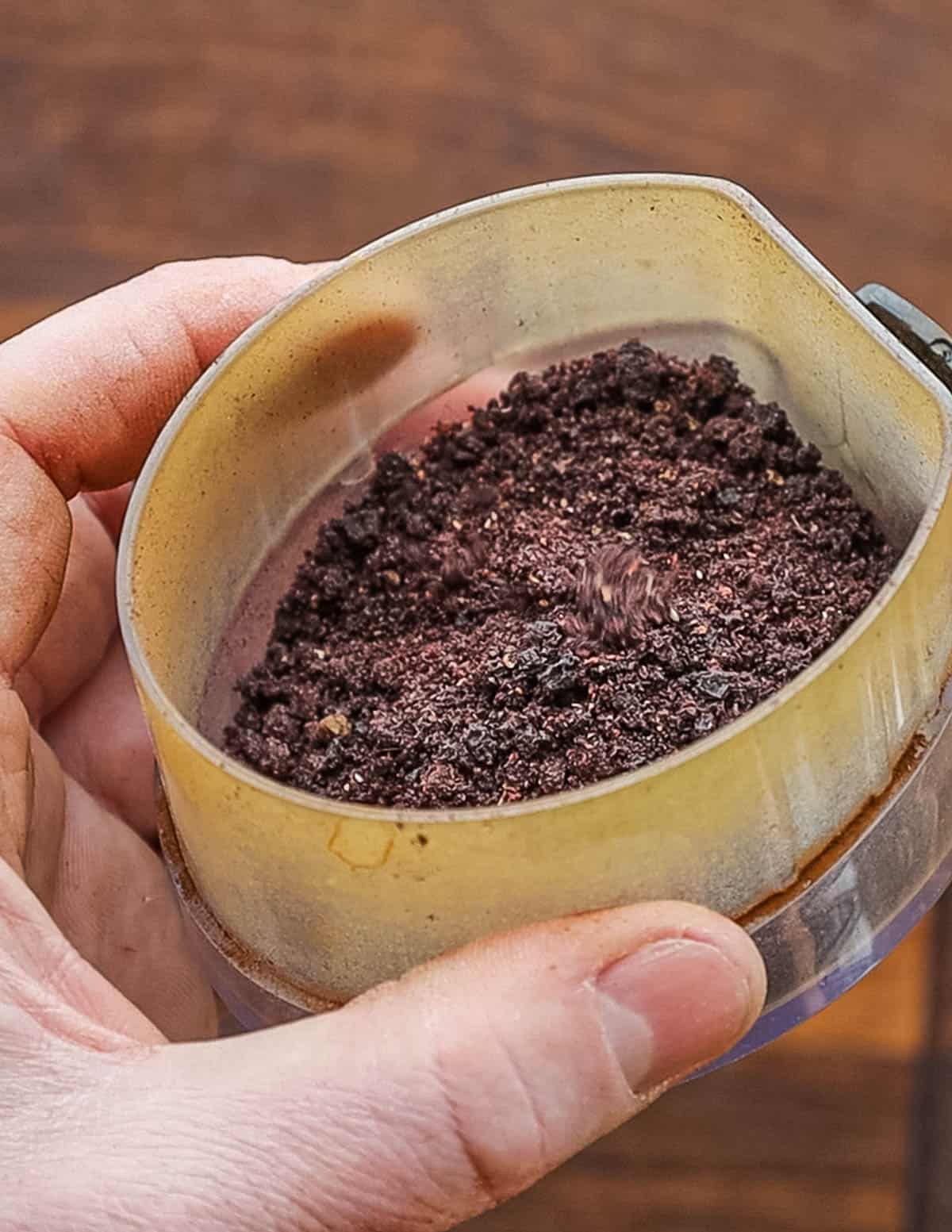 Grinding dried wild blueberries to a powder using a spice grinder. 