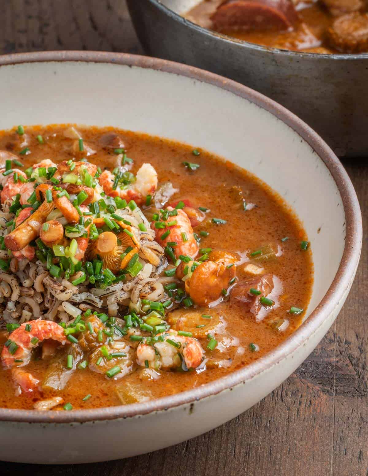 Crayfish gumbo with wild rice and andouille sausage. 