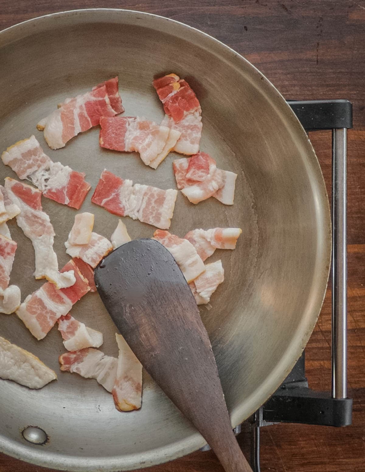 Cooking bacon in a pan. 