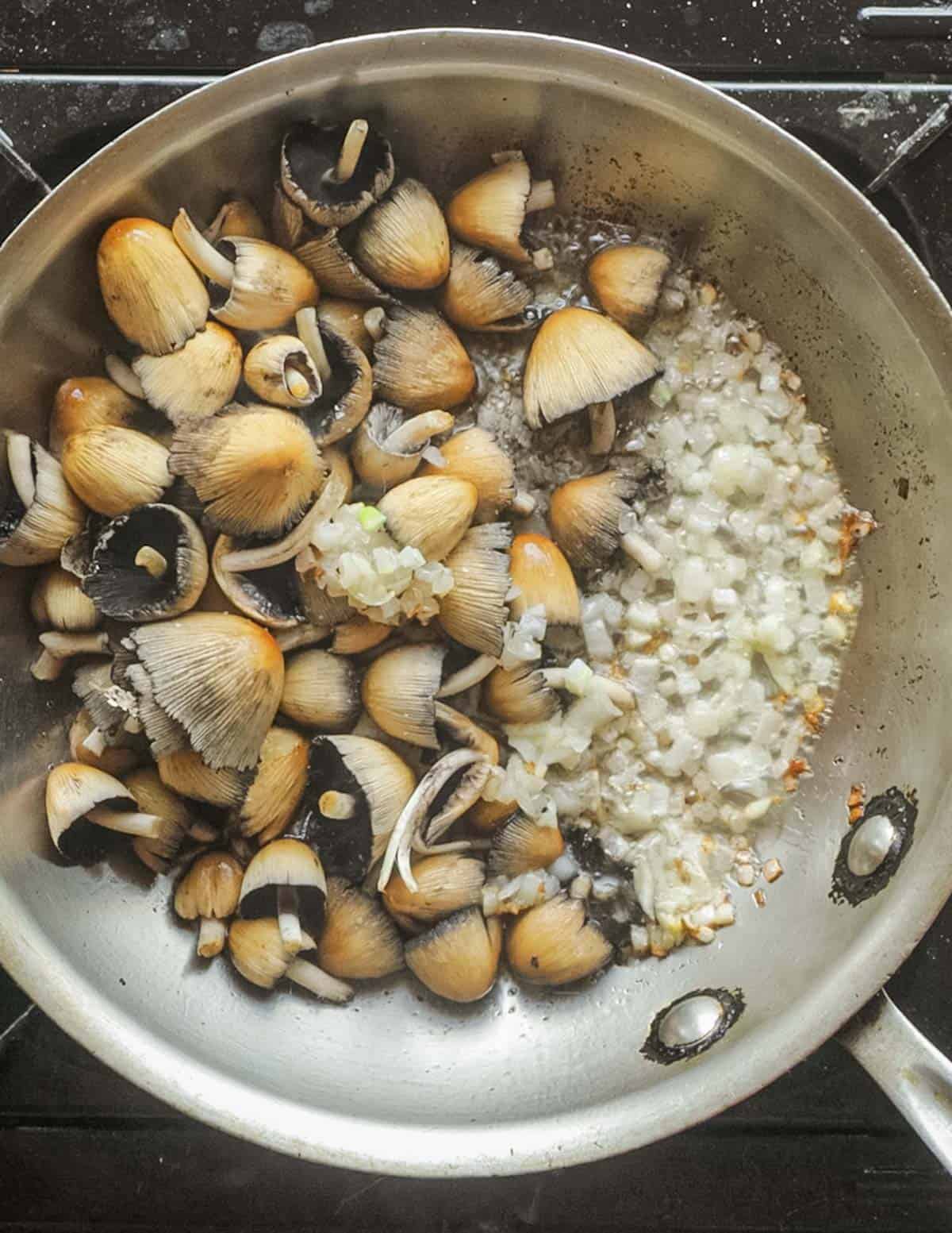 Adding mica cap mushrooms to a pan of shallots.
