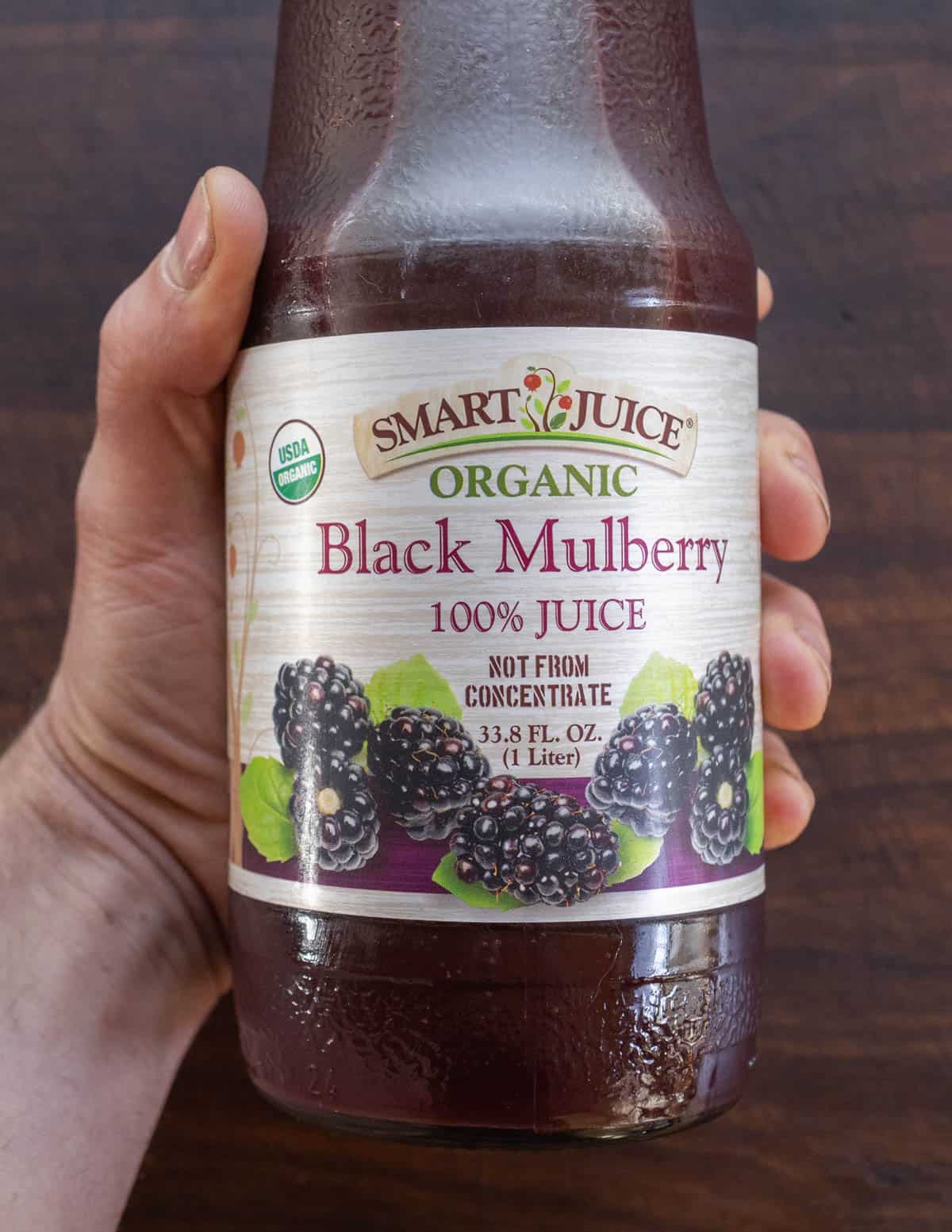 A jar of black mulberry juice purchased online. 