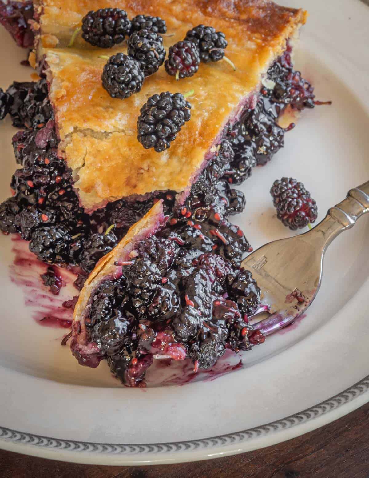A fork cutting into a slice of mulberry pie. 