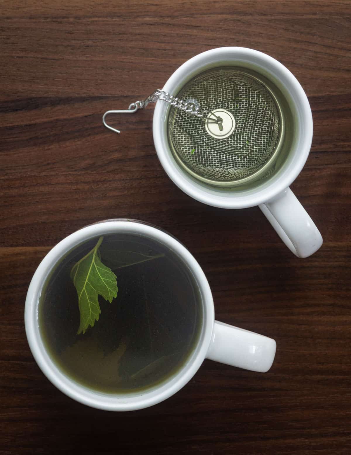 A glass of white mulberry leaf tea made with dried leaves and a mug of tea made from fresh mulberry leaves.