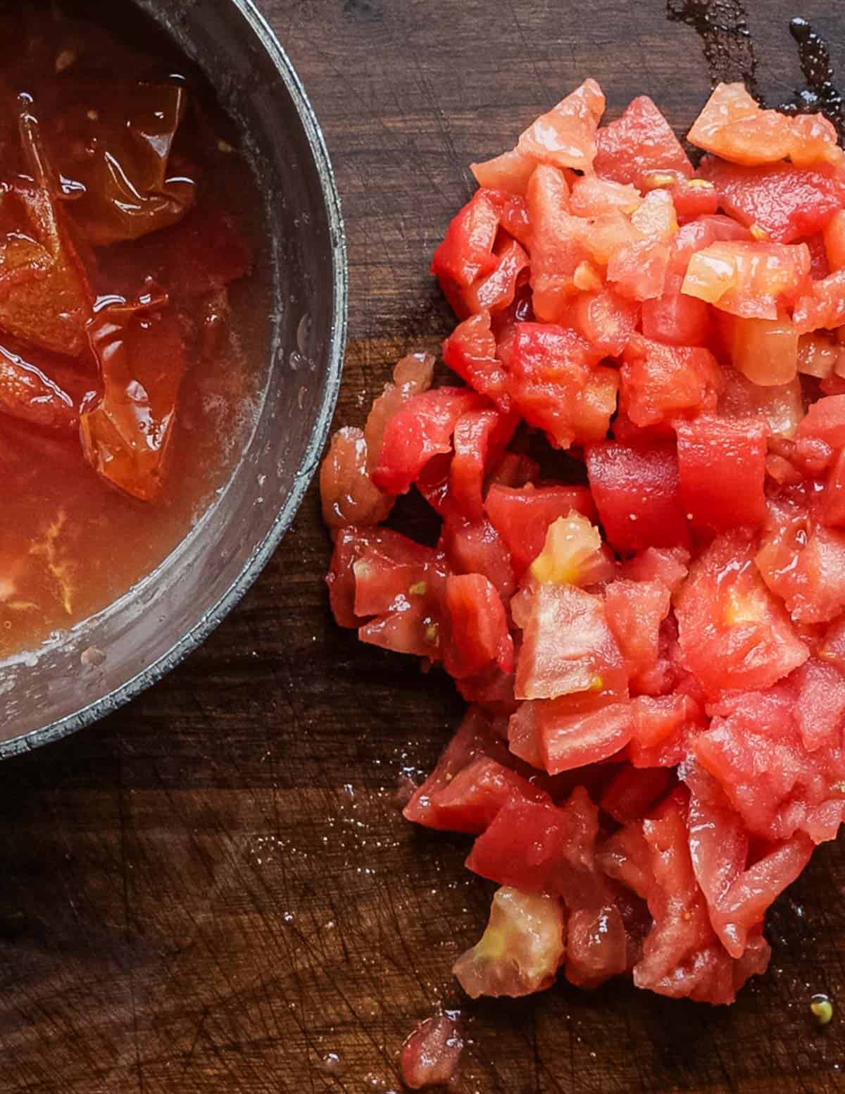 Dicing blanched, peeled tomatoes. 