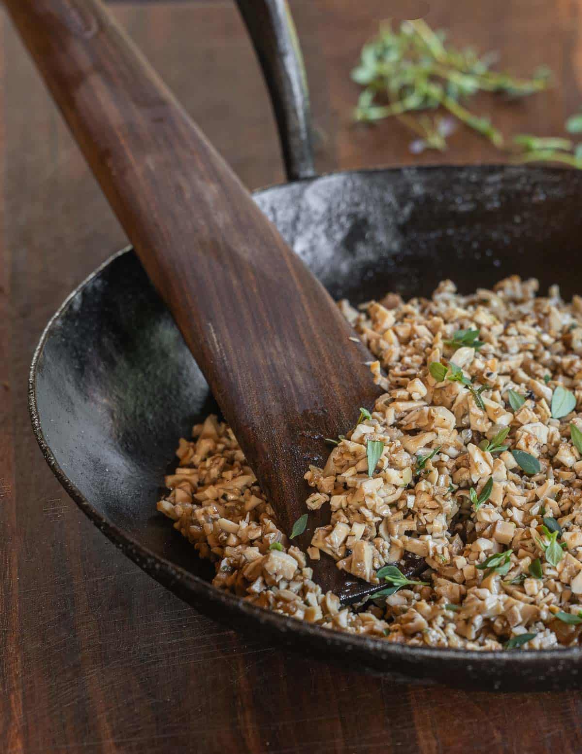 A pan of mushroom duxelles made with Berkeley's polypore.