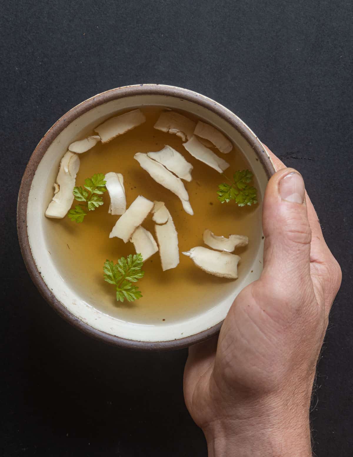 A bowl of Berkeley's polypore broth with thinly sliced mushrooms and herbs. 