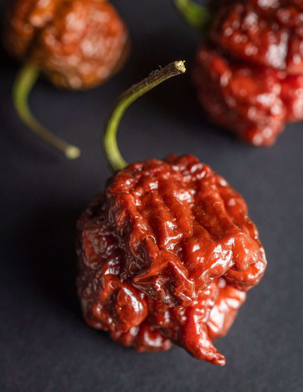 Chocolate Carolina reaper peppers on a black background. 