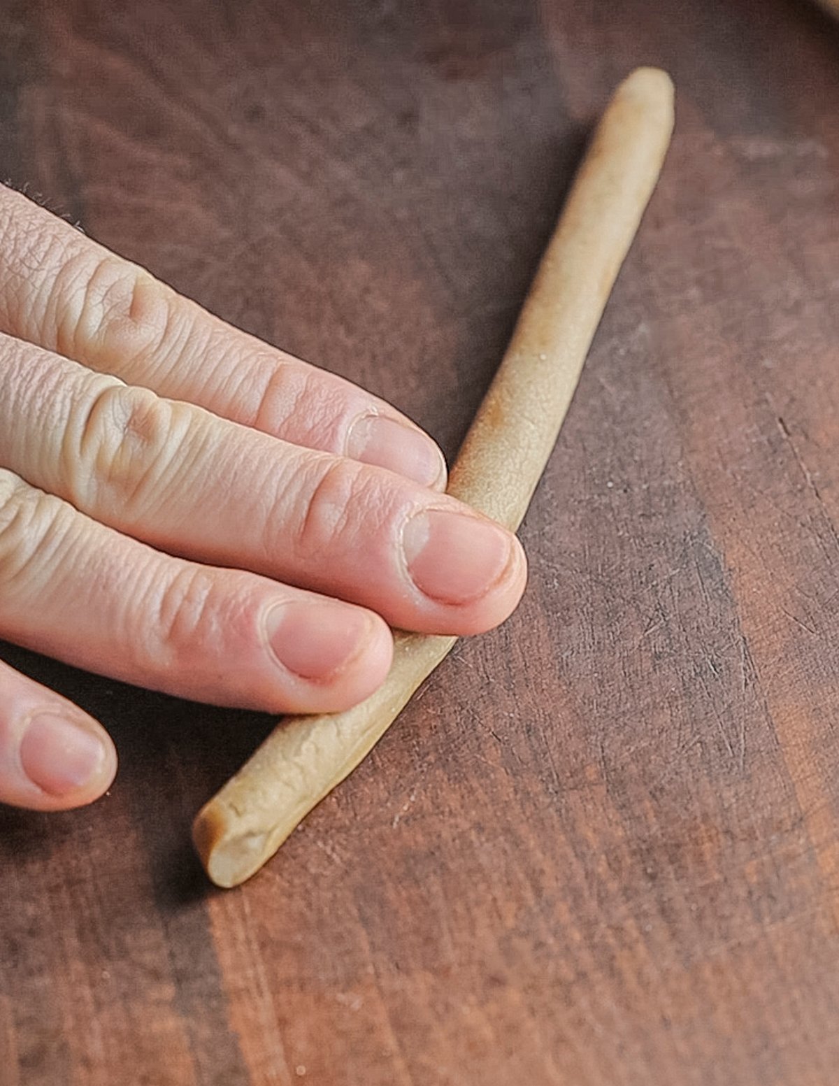 Rolling chestnut gnocchi dough into ropes. 