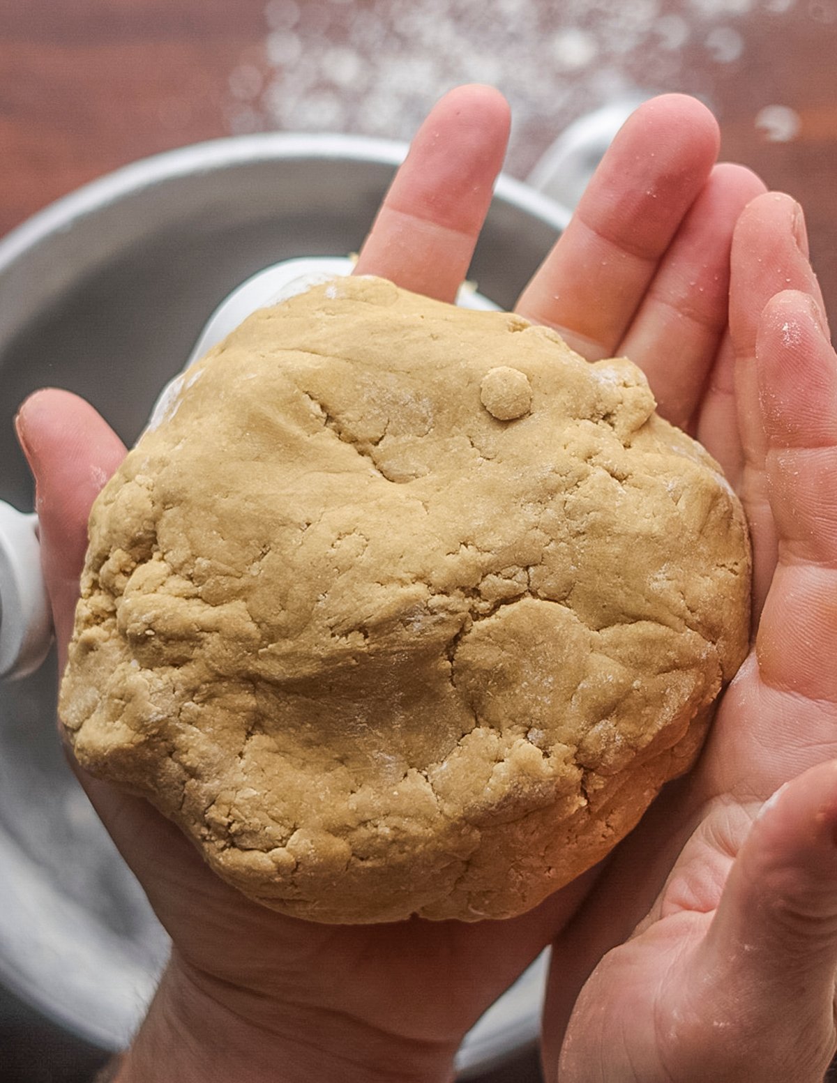 Removing chestnut pasta dough from a stand mixer.