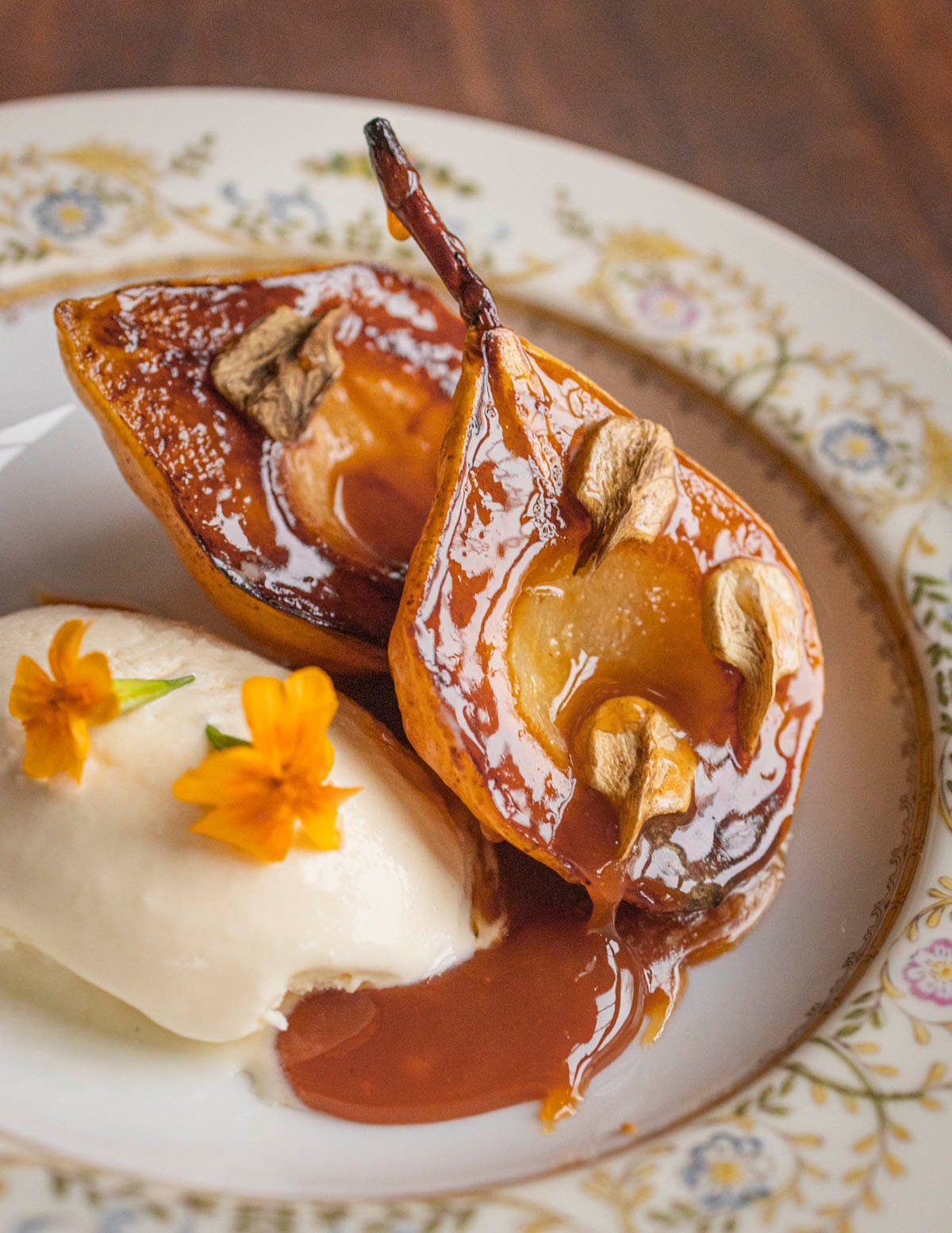 Roasted pears drizzled with pear caramel.