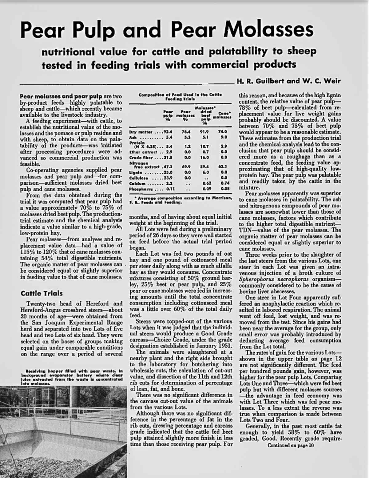 An article from the California Agriculture journal discussing tests using pear molasses added to livestock feed. 