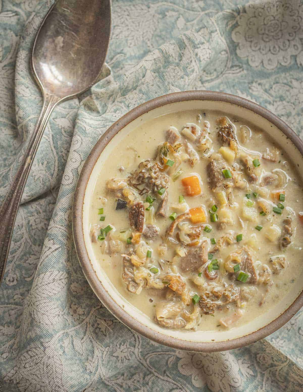 A bowl of goose soup with wild rice and dried morel mushrooms in a bowl with a spoon.