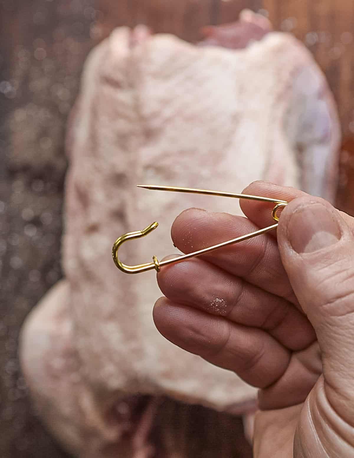 A hand holding a safety pin that will be used to prick the skin of a goose all over before cooking. 