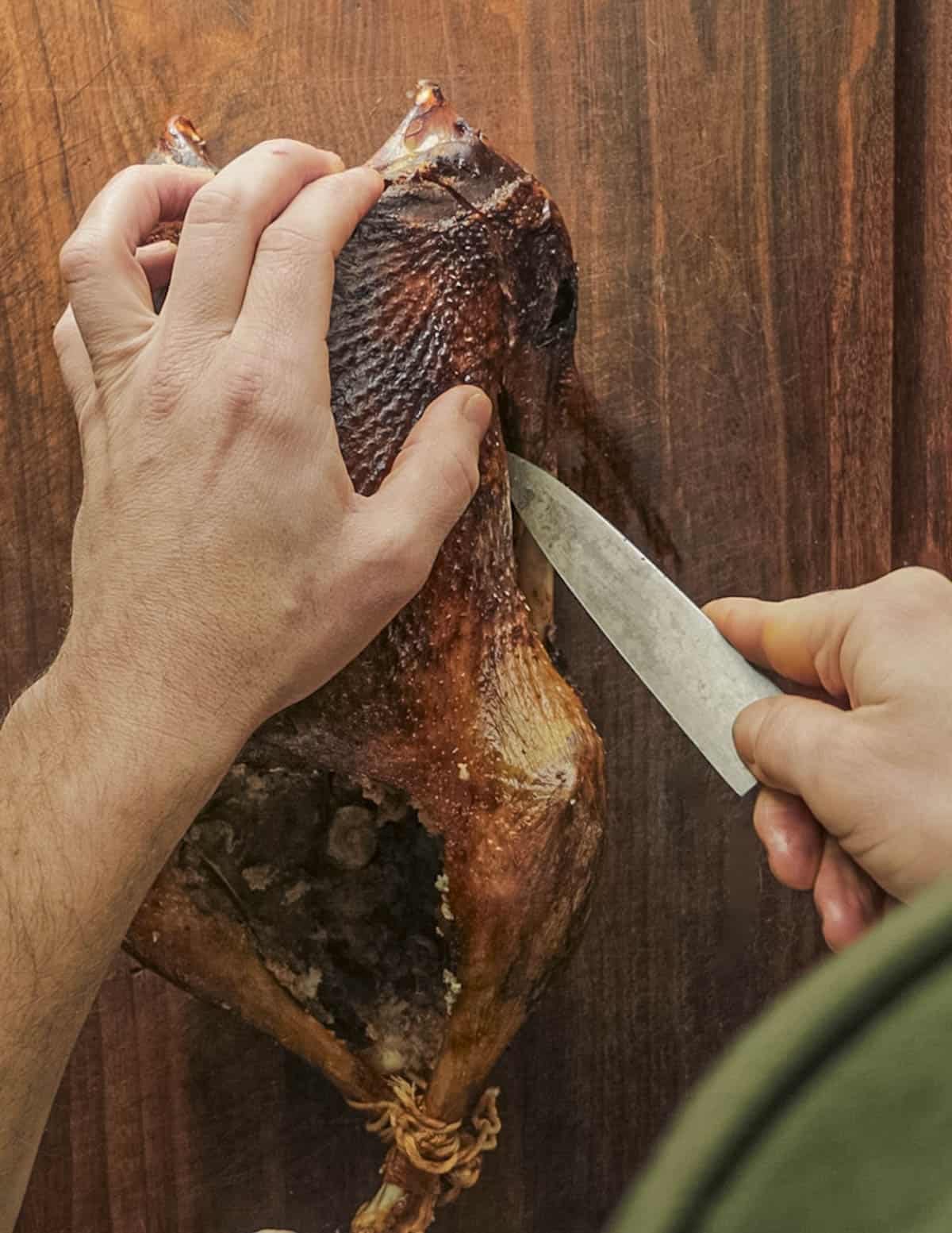 A hand holding a roasted goose while using a knife to remove the breast. 