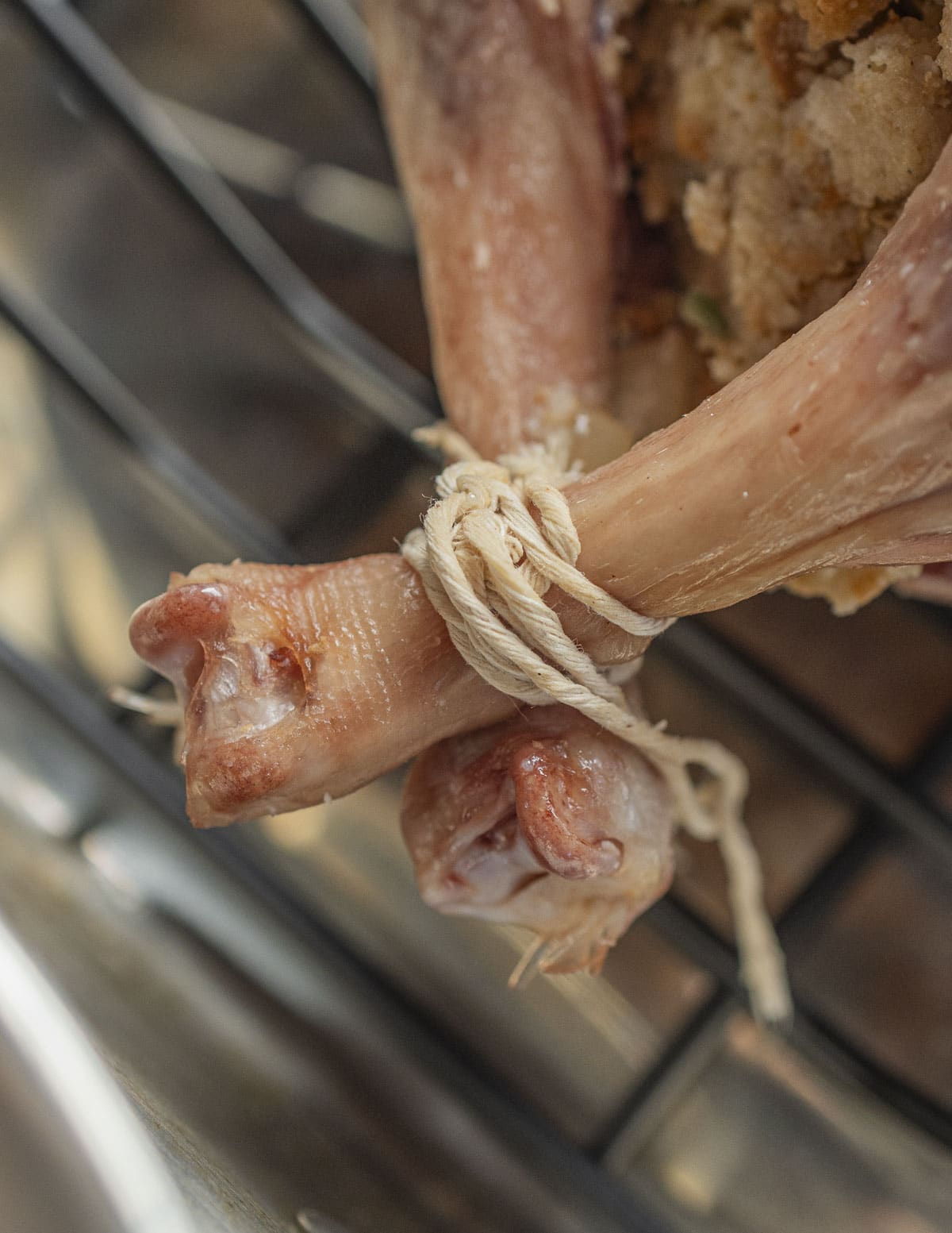 Tying and trussing  the legs of a goose together before cooking. 