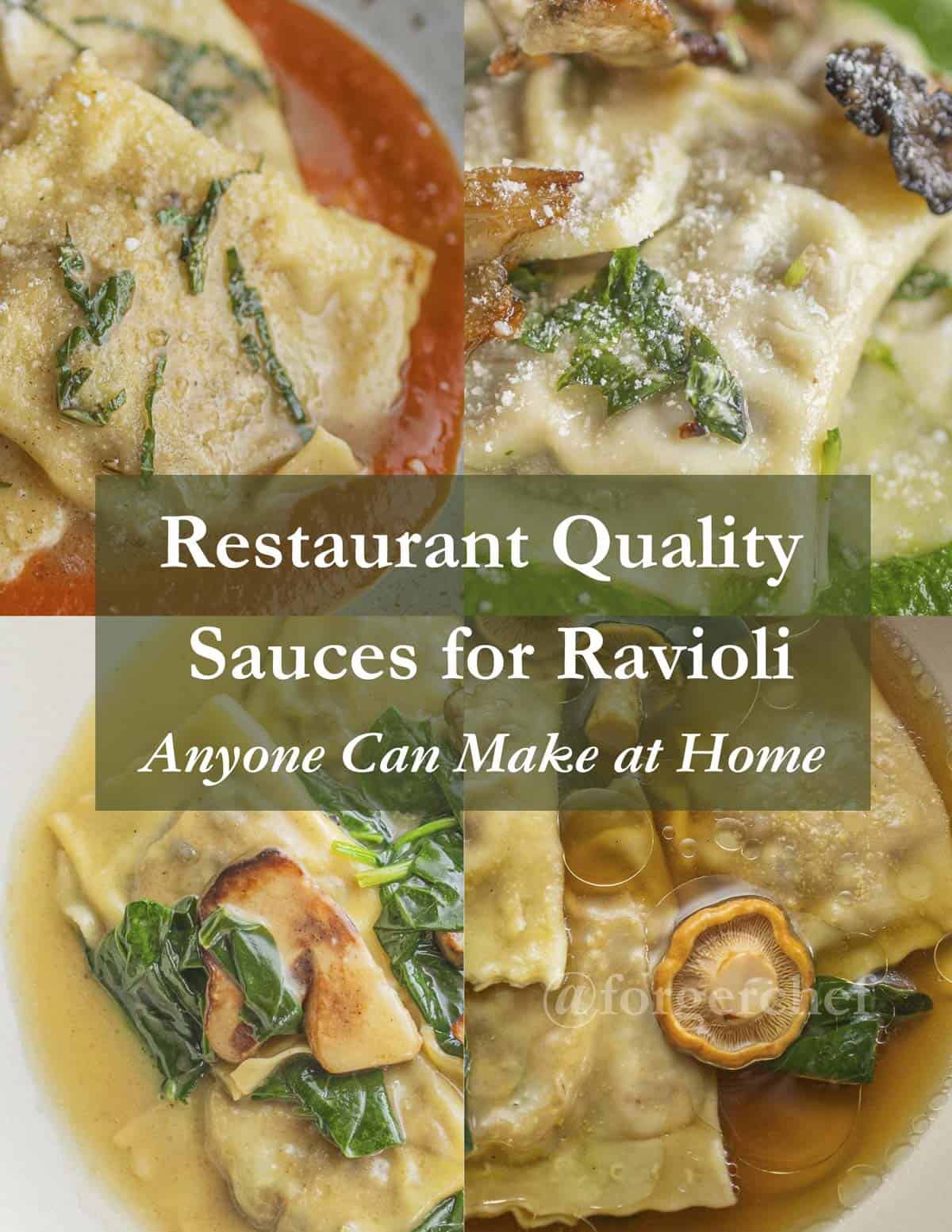 An infographic showing 4 different sauces served with ravioli. 