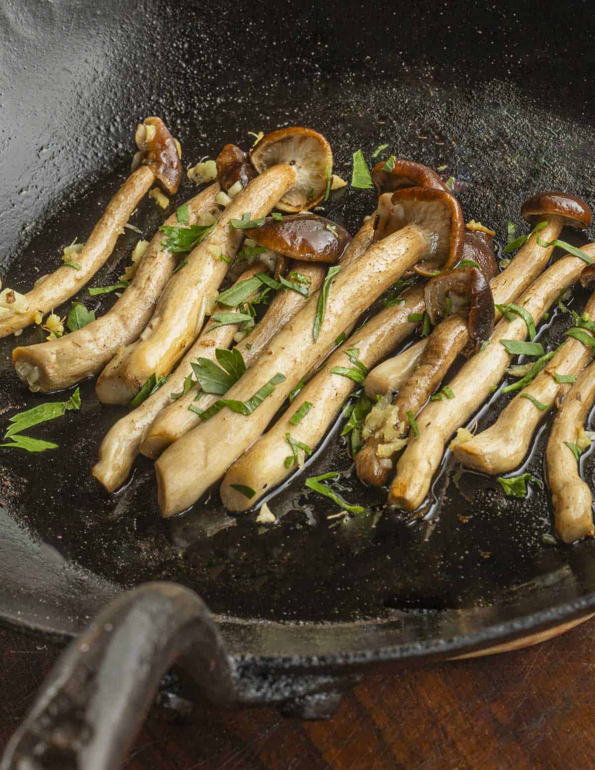 Pan roasted pioppino mushrooms. in a kehoe carbon steel pan. 