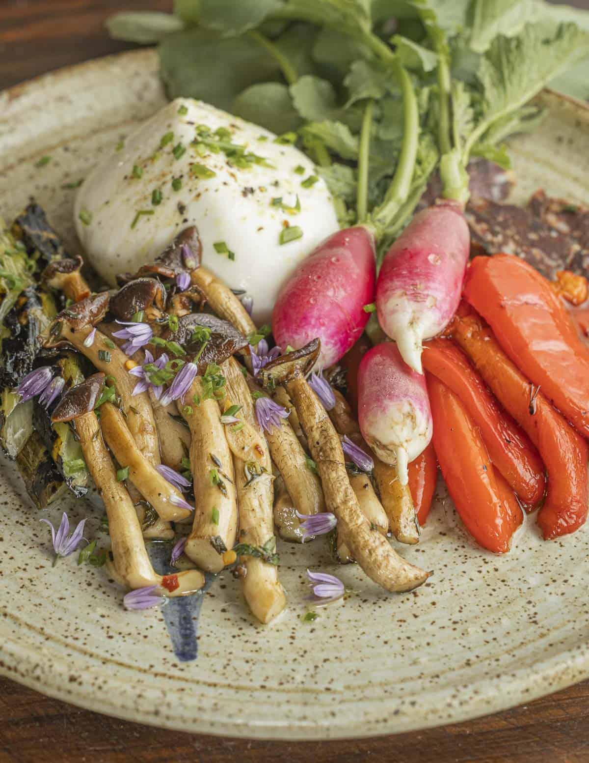 An antipasti tray filled with marinated pioppino mushrooms, roasted peppers, burrata cheese, radishes and salami. 