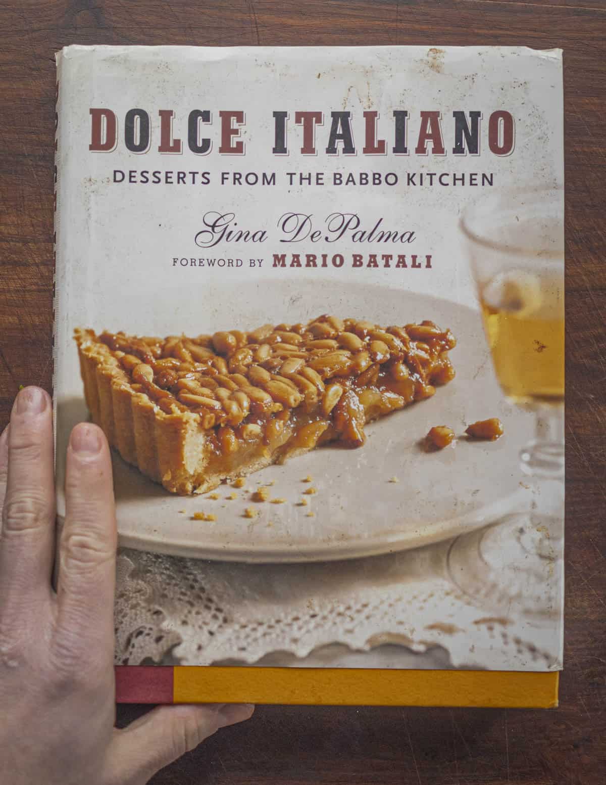 A hand touching the cover of the book Dolce Italiano by GIna de Palma. 