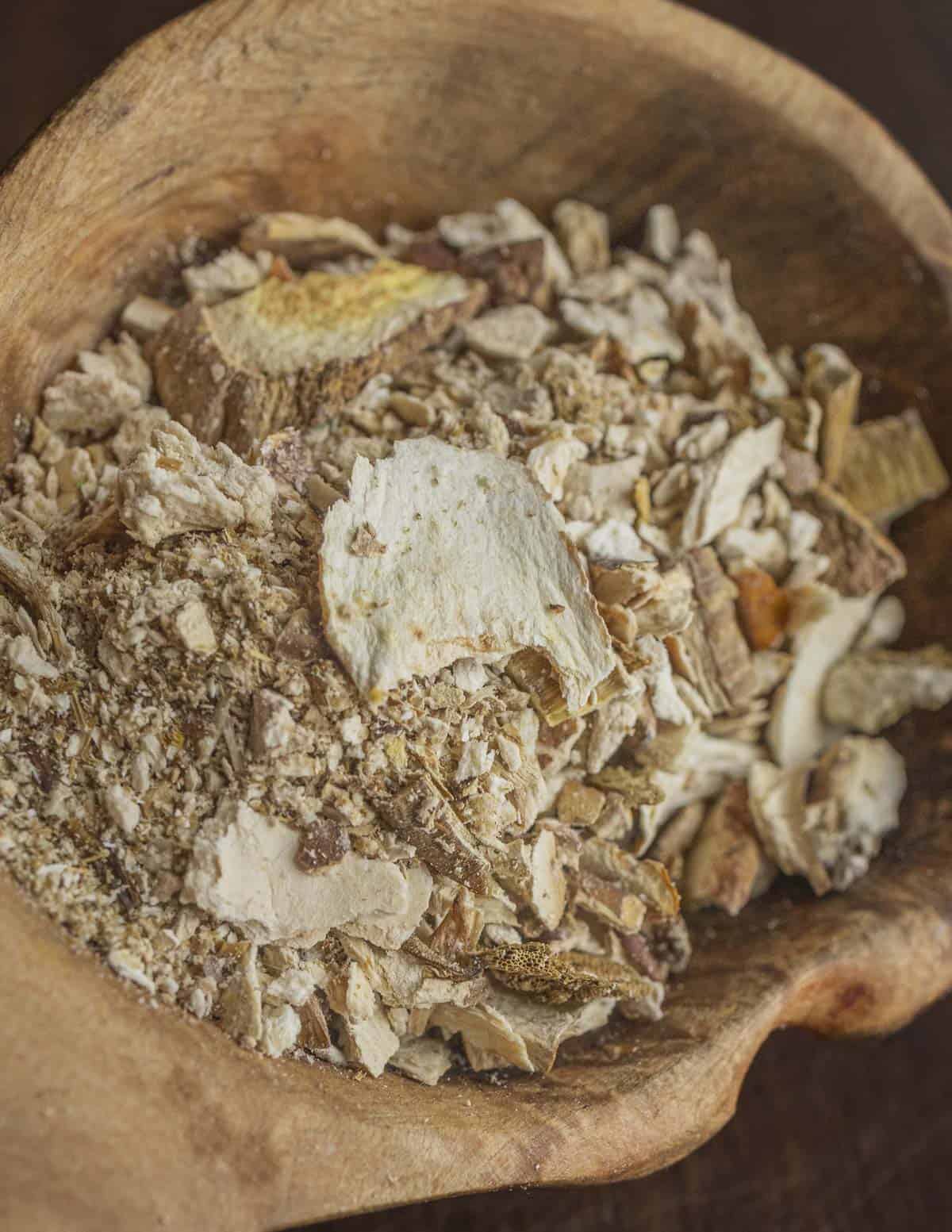 Dried MN porcini mushrooms ground with a mortar and pestle. 