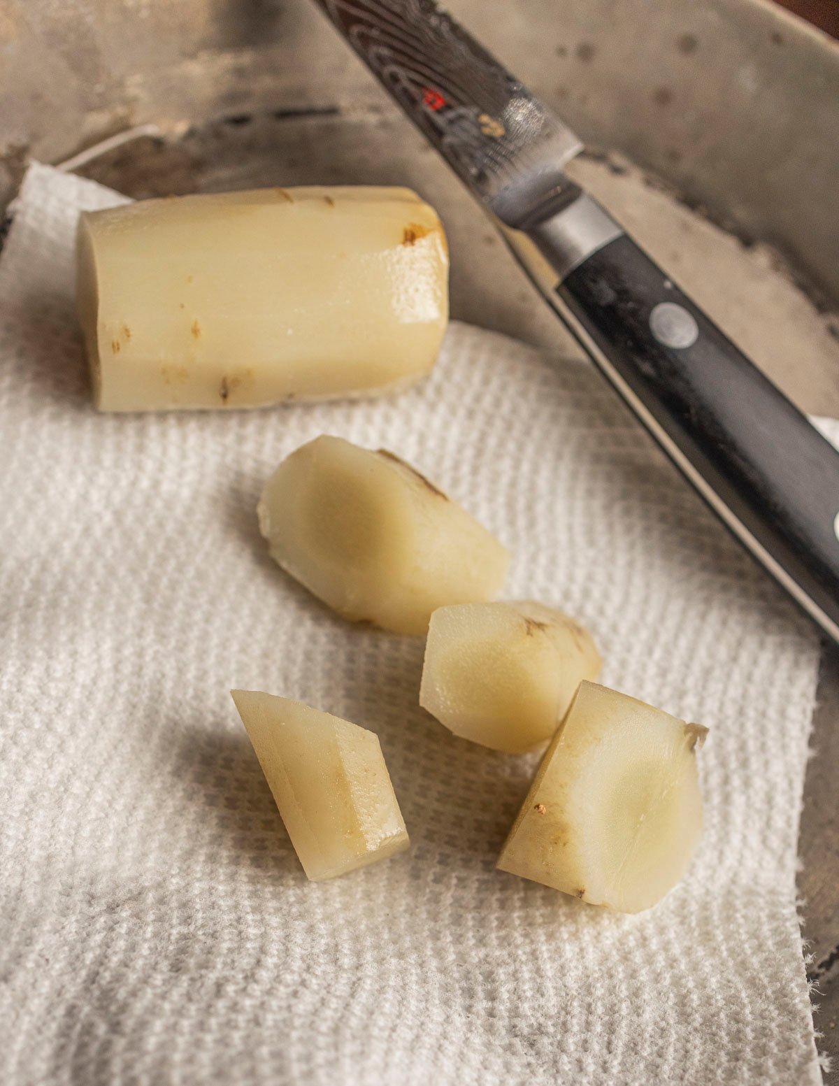 Cutting cooked salsify roots into bite sized pieces. 