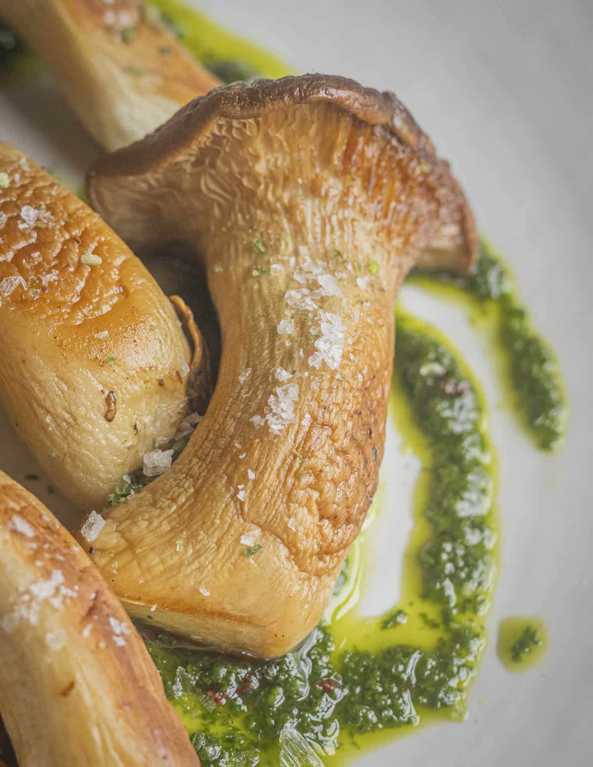 Pan roasted king oyster mushrooms with chimichurri sauce. 