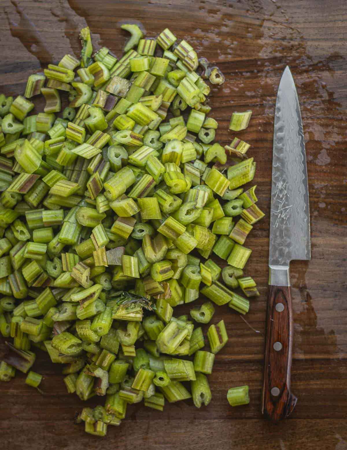 Thinly sliced burdock leaf petiole stems ready for cooking. 