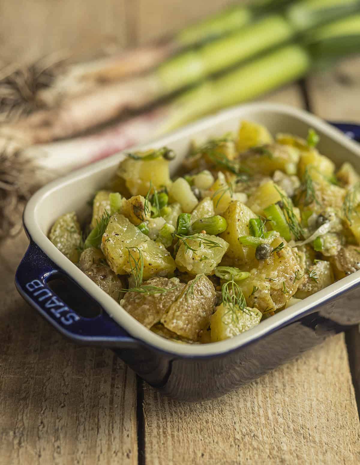 Green garlic potato salad in a small casserole dish garnished with fresh dill sprigs with fresh green garlic shoots in the background. 