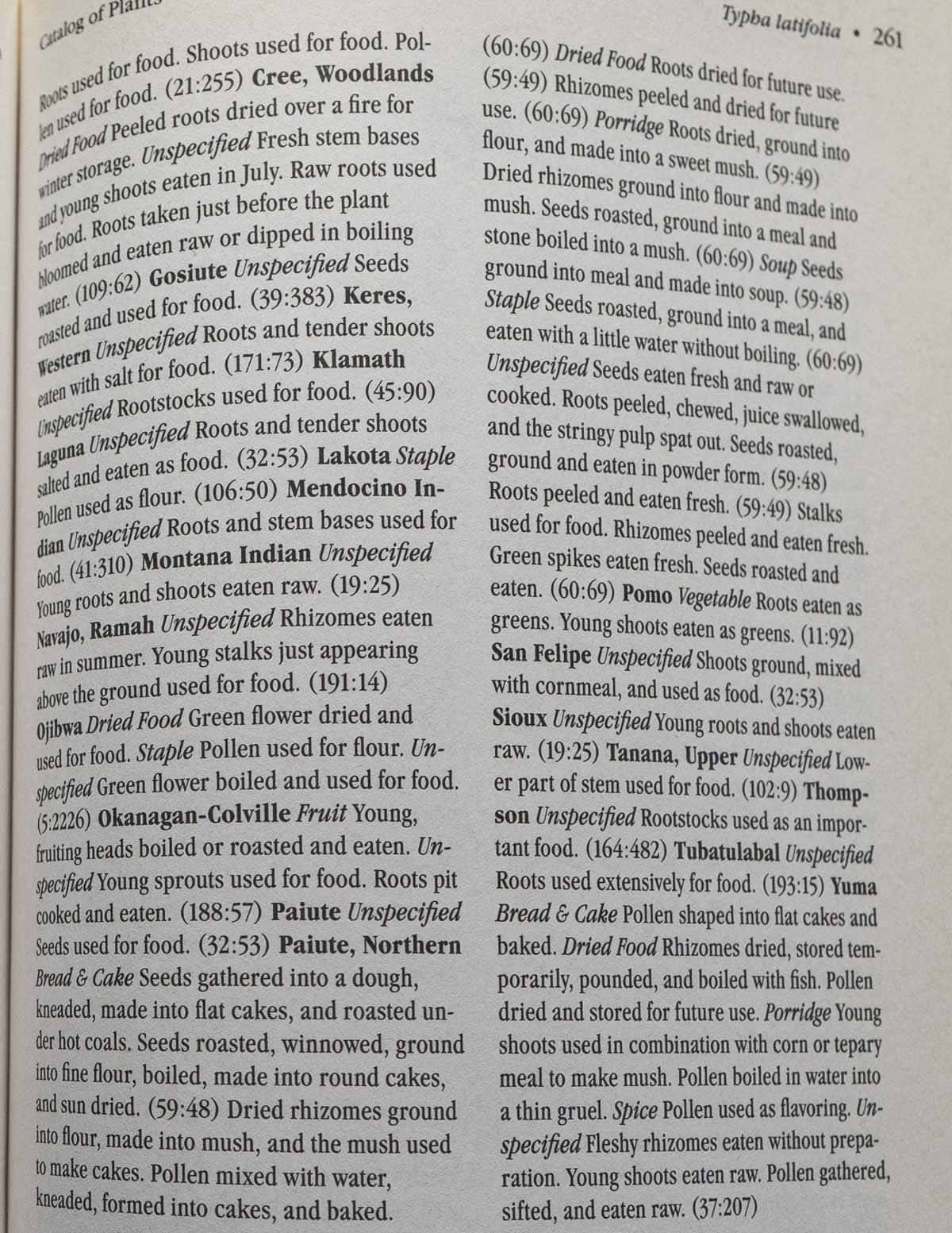 A page from the book native American food plants by Daniel E. Moerman describing the culinary uses of cattails by indigenous people. 