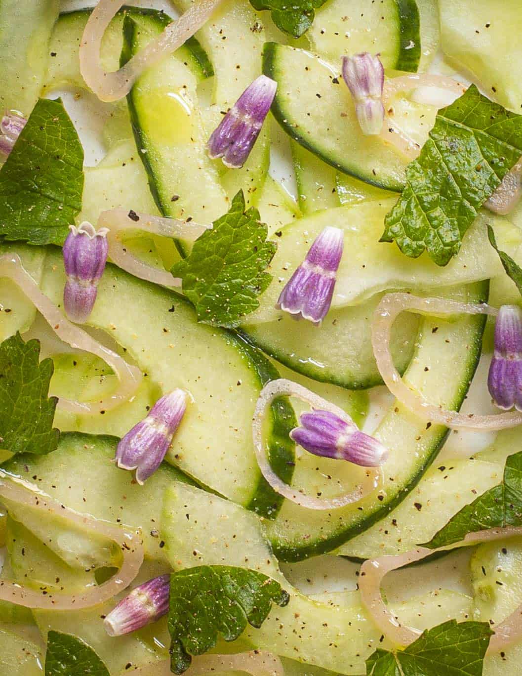 A close up image of a cucumber salad with comfrey flowers and lemon balm. 