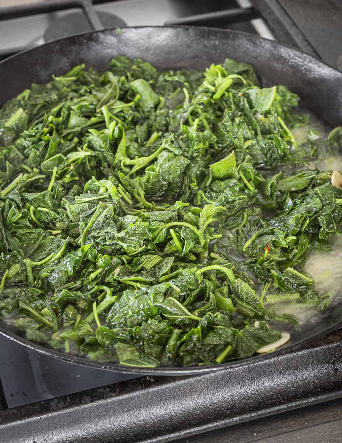 Cooking comfrey leaves and other wild greens in a pan with oil, garlic and chili. 