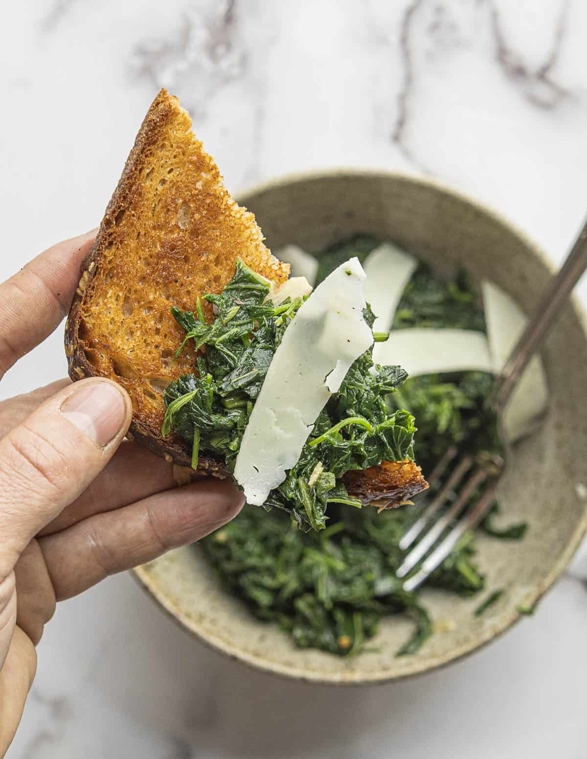 A hand holding a piece of bread topped with cooked wild greens including comfrey leaves garnished with pecorino cheese.