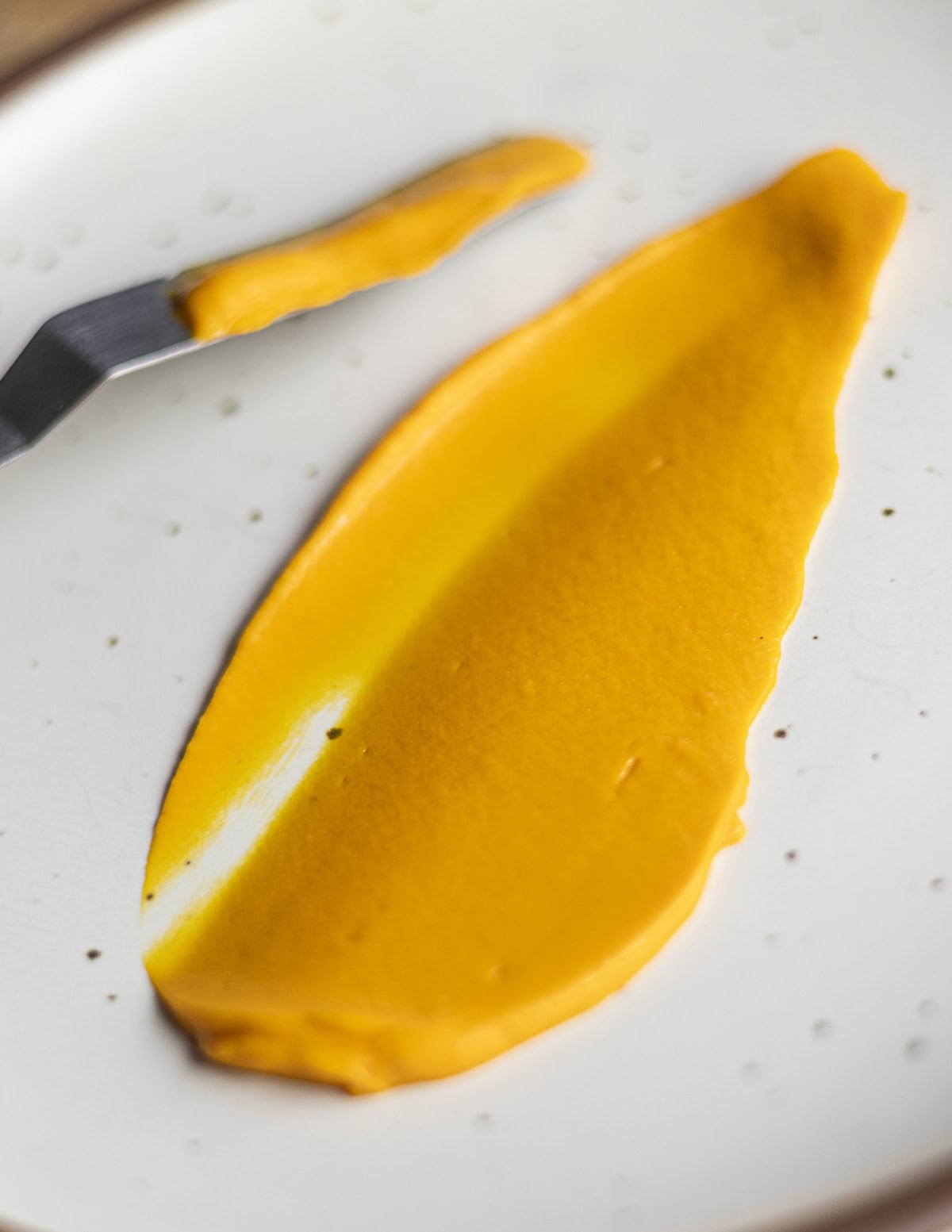 A spatula spreading out carrot puree on a plate showing a velvety smooth texture. 